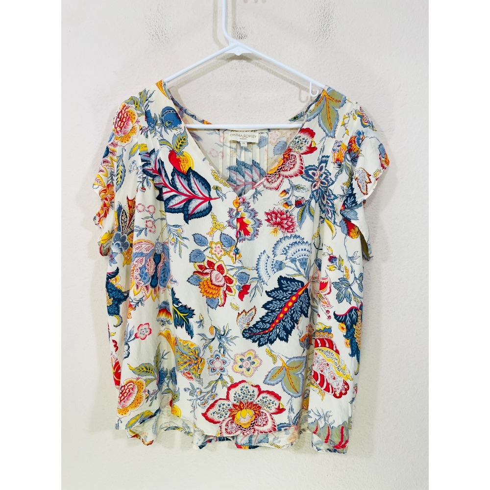 Cynthia Rowley Woman Plus Size 2X Multicolor Floral V Neck Flutter Sleeve Top‎